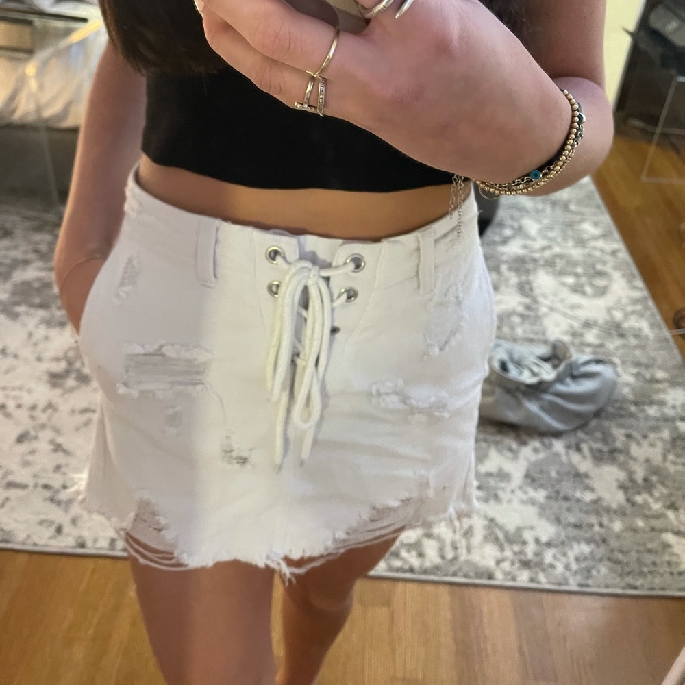 Lace up white denim skirt